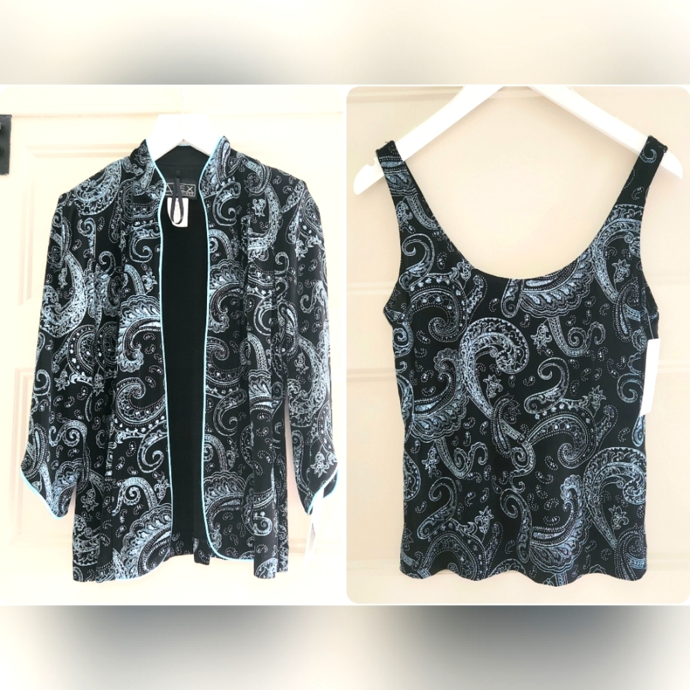 Alex Evenings 2 Piece Glitter Paisley Tank Jacket Set Black Blue Womens S New - Picture 1 of 12